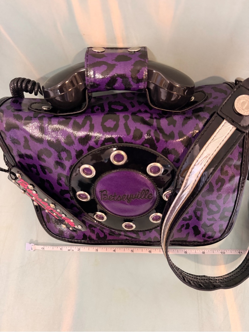 Betsey Johnson Purple and Black Leopard Print Crossbody Phone Bag - Picture 2 of 7
